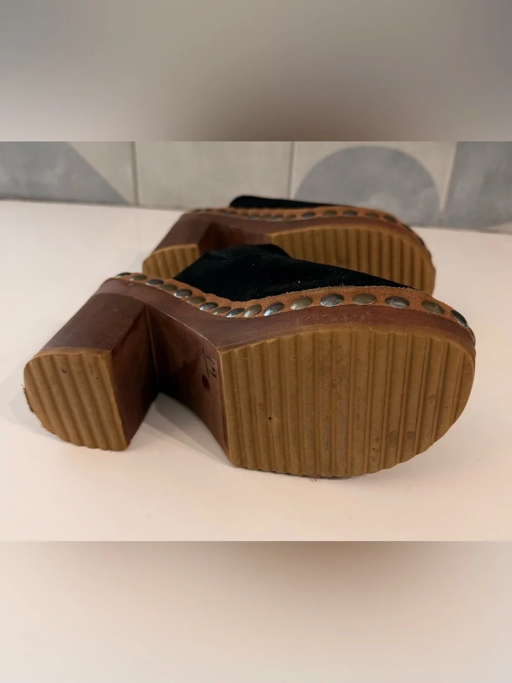 Jeffrey Campbell Free People platform wood & suede heel slides, mixed metal 8.5